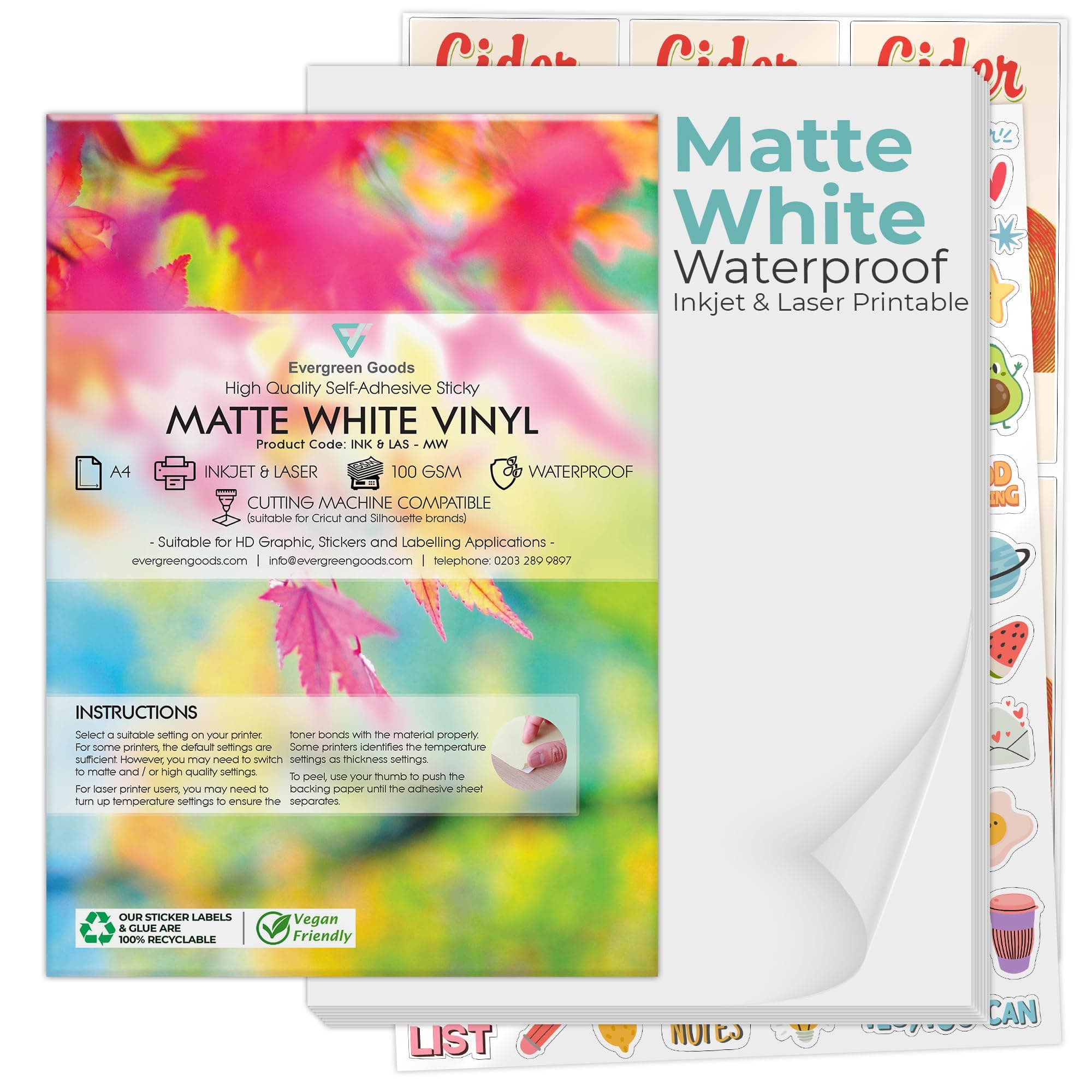 Evergreen Goods 10 A4 Matte White Printable Sticker Paper Vinyl | Inkjet Laser Waterproof… product image