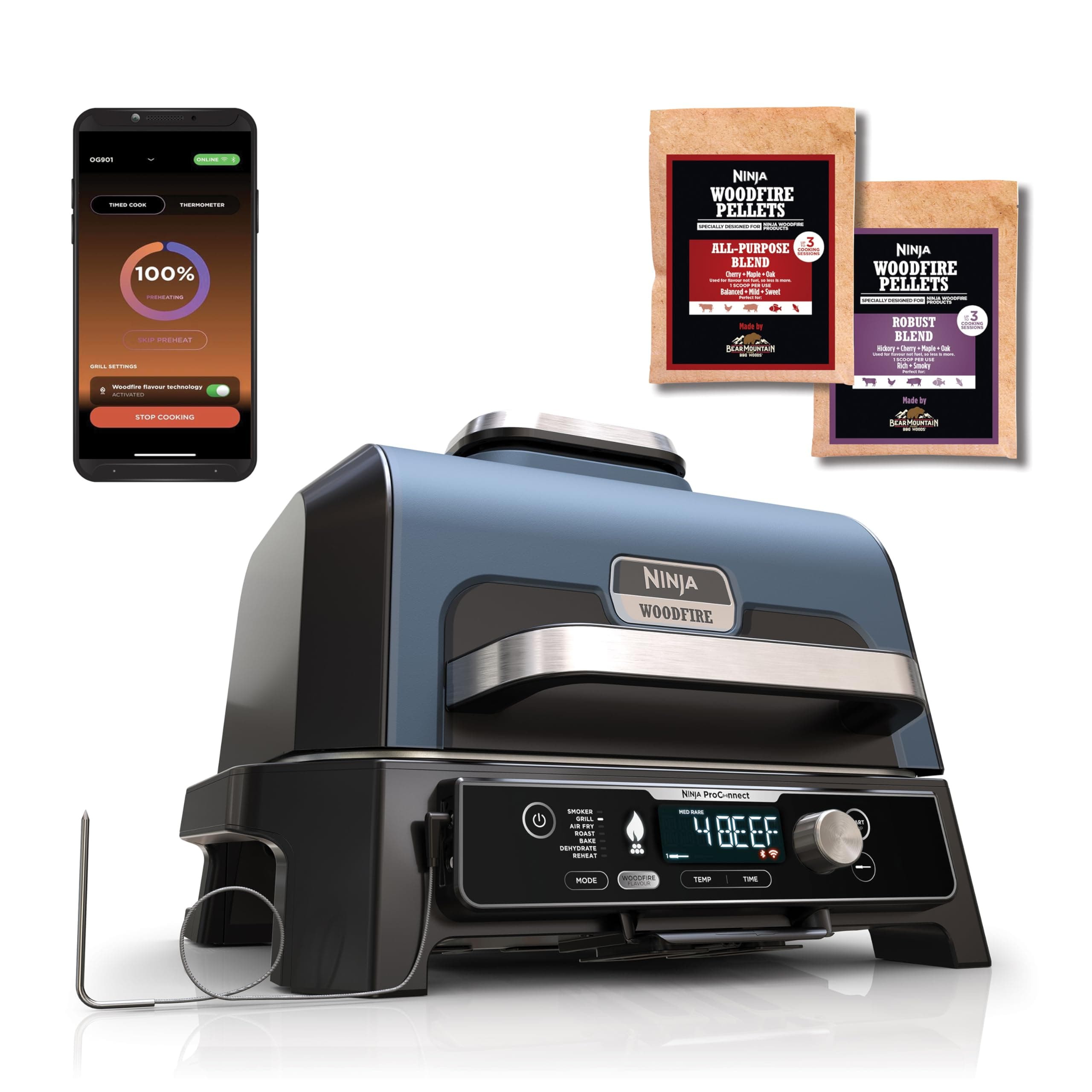 Ninja Woodfire Pro Connect XL Elektrischer BBQ Smoker Grill, App-Steuerung, digitaler Temperaturfühler, 7-in-1 Outdoor Grill elektrisch & Air Fryer mit Woodfire Pellets, wetterfest, Schwarz OG901EU product image