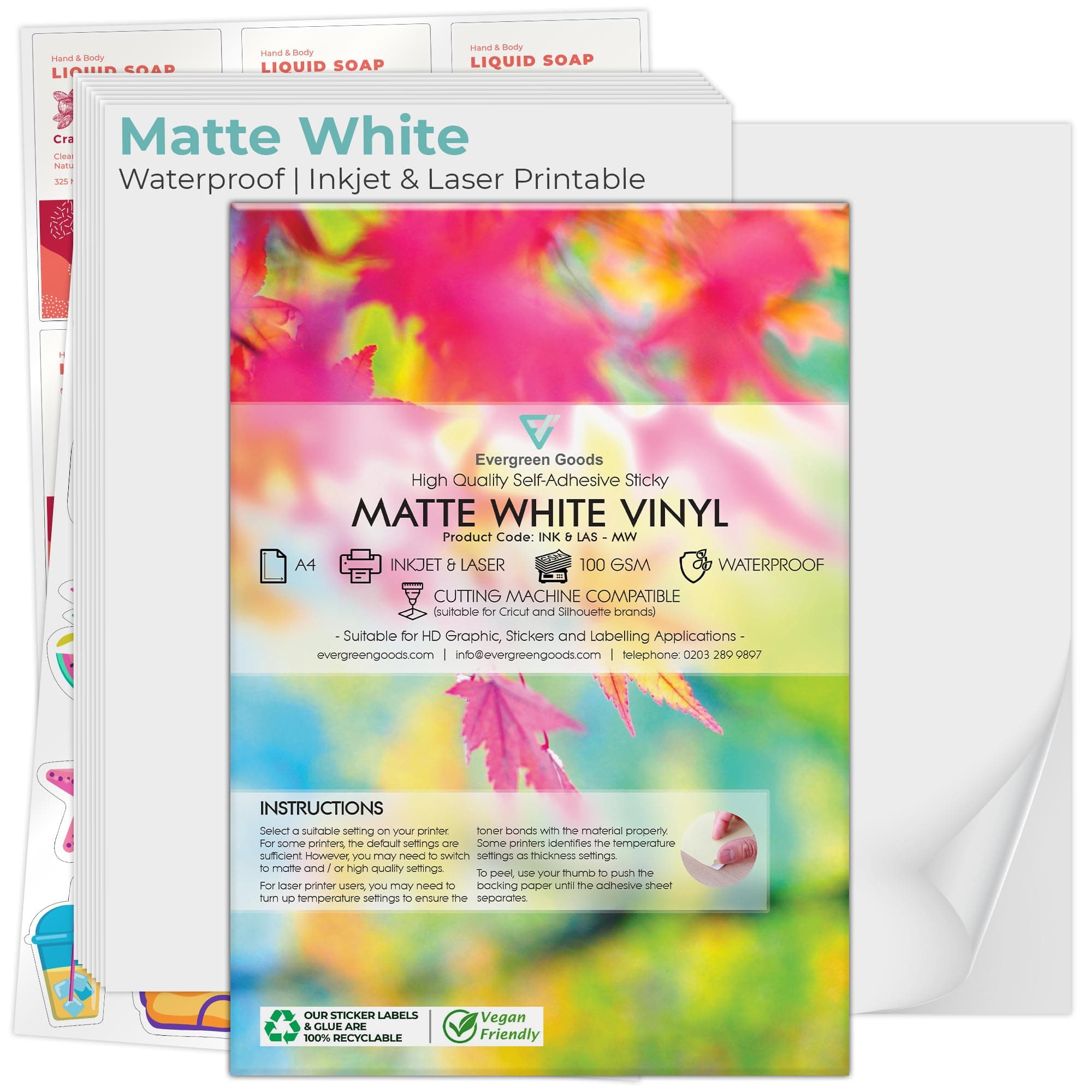Evergreen Goods 100 Sheets A4 Water Resistant Vinyl Sticker Paper, Self-Adhesive Matte White… product image