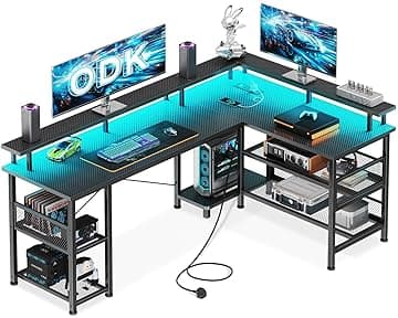 ODK L Shaped Gaming Desk with LED Lights & Power Outlets, 150×102cm Reversible Corner Desk… product image