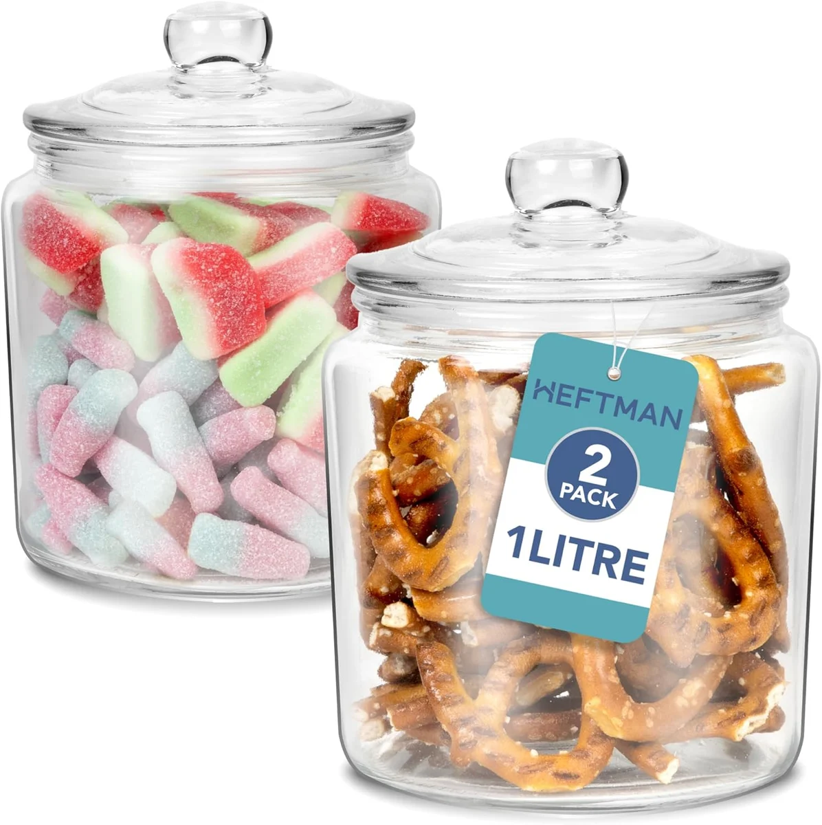 HEFTMAN Glass Jar with Lid - 1 Litre Clear, Empty Sweet Jars with Airtight Push-Top Lid -… product image on Haggl