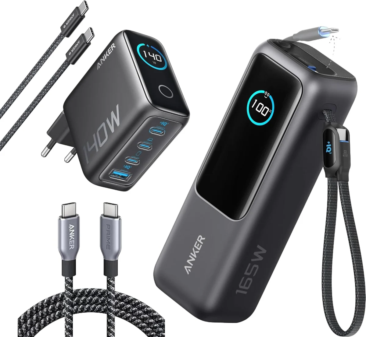 Anker Laptop Power Bank (25000mAh, 165W, 100W USB-C Ports) & Charger (Laptop, 140W USB C, 4-Port) & Prime USB C Cable (240W, 1.8m, Nylon) product image on Haggl